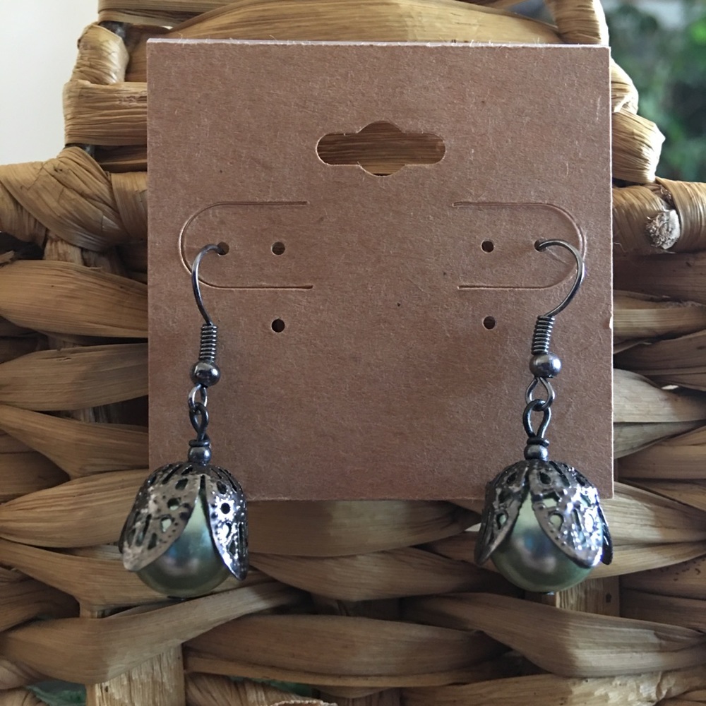 Antique silver bell cap pearl dangle earrings